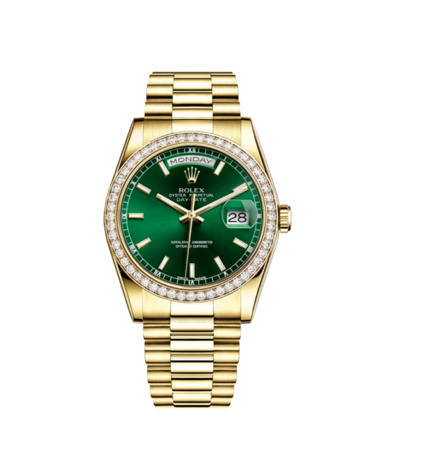 Rolex Day Date President Yellow Gold Factory Diamond Bezel Green Index Dial 18348