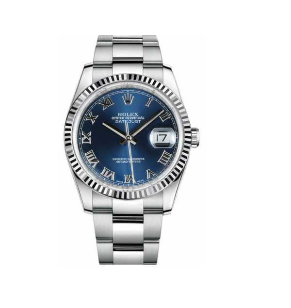 Rolex Datejust Stainless Steel Fluted Bezel and Factory Blue Roman Dial on Oyster Bracelet 116234