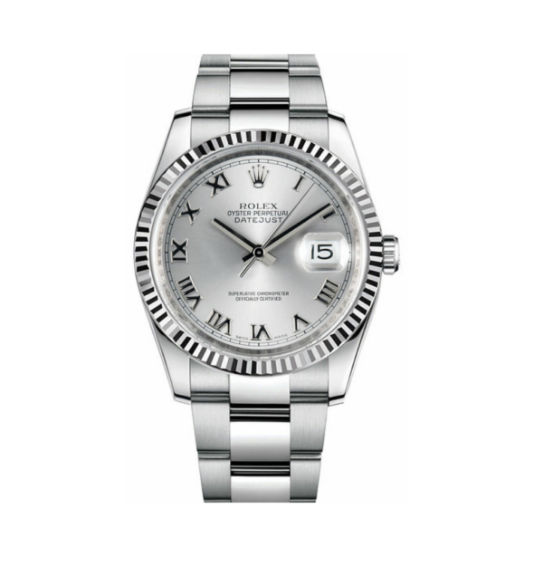 Rolex Datejust Stainless Steel Fluted Bezel and Factory Silver Roman Dial on Oyster Bracelet 116234