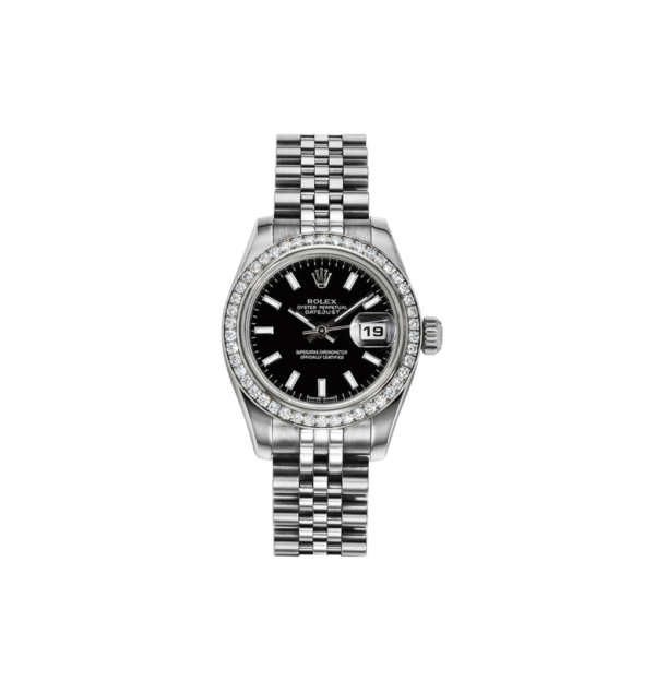 Rolex Women's New Style Steel Datejust with Factory Diamond Bezel and Black Sunbeam Roman Dial 179384