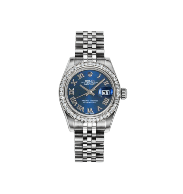 Rolex Women's New Style Steel Datejust with Factory Diamond Bezel and Blue Roman Dial 179384